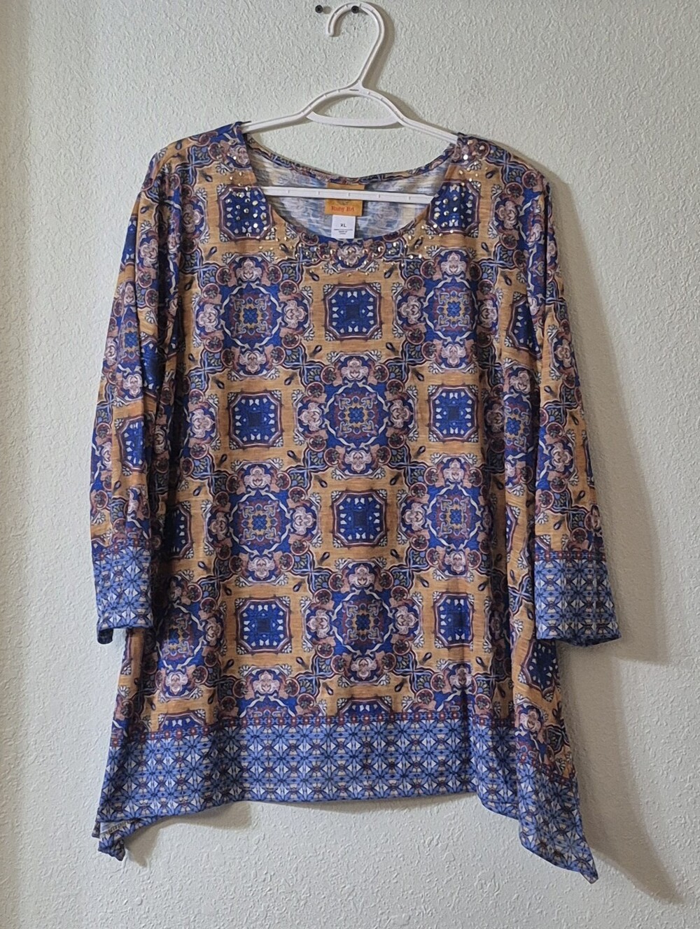 Ruby Rd. Blue and Tan Medallion Print Scoop Neck Tunic